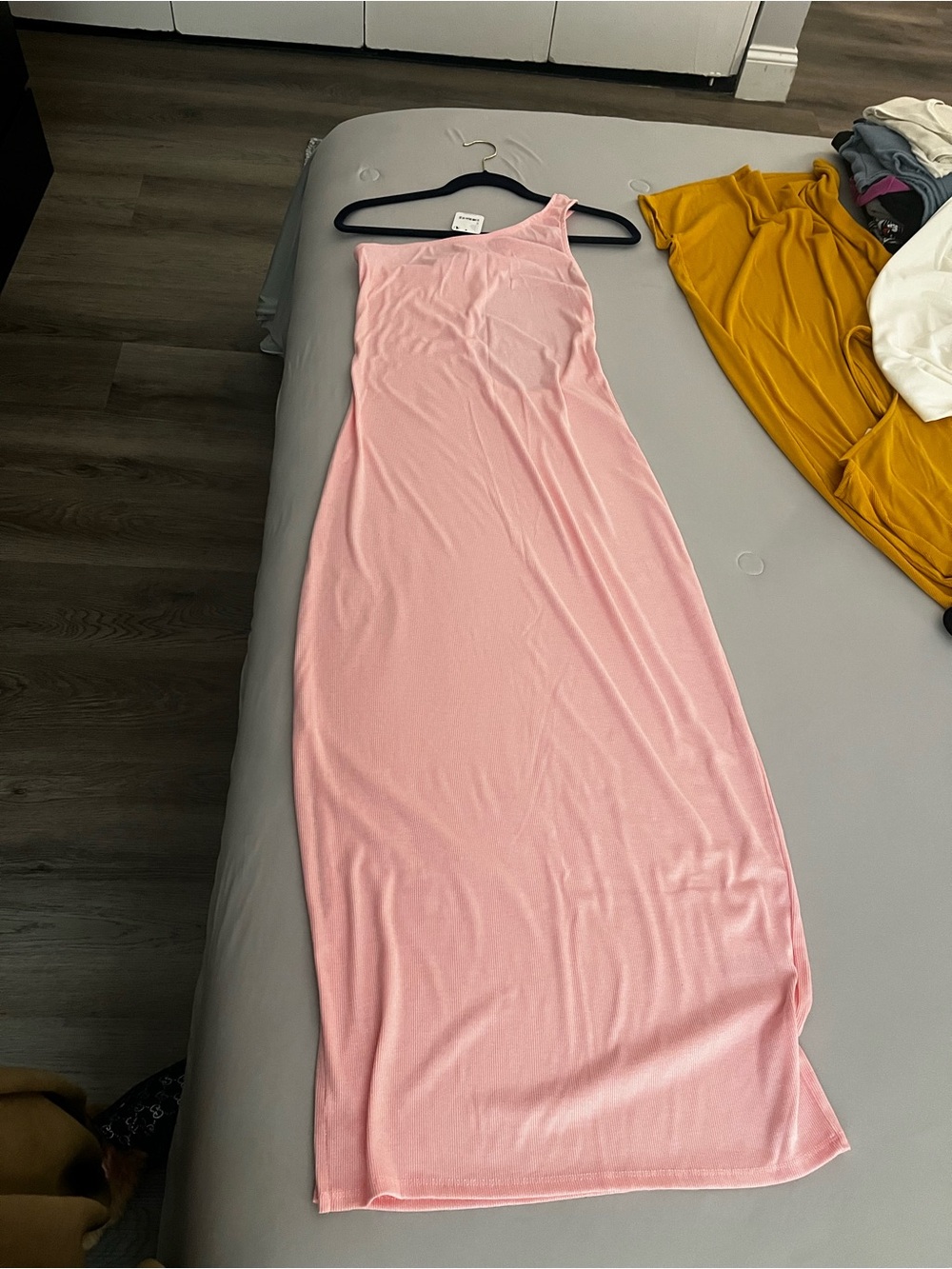 Free People Beach Pink Ribbed Maxi Dress hem slit one shoulder open back/side